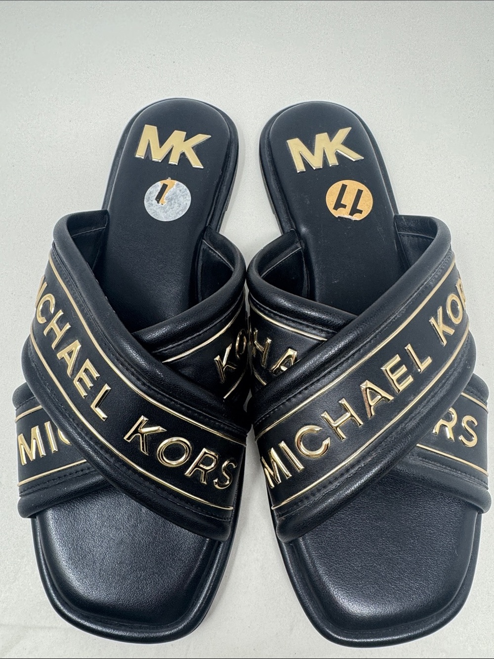 MK MICHAEL KORS GIDEON SLIDE WOMEN'S SHOES SIZE 11 CRISS CROSS GOLD BLACK SANDAL